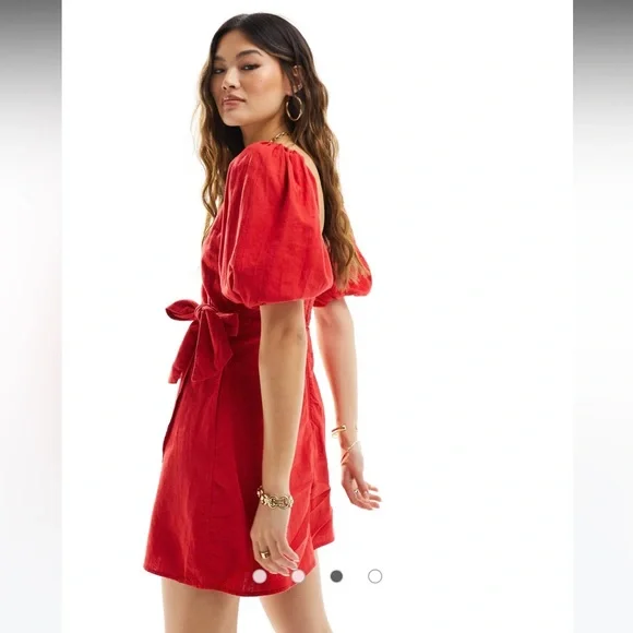 Abercrombie & Fitch linen blend wrap dress in red with angel sleeves - Small - Picture 2 of 7